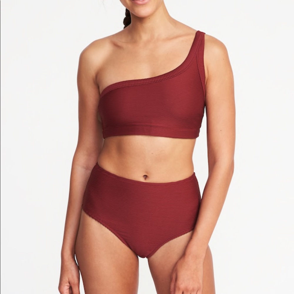 Red One Shoulder 2 Piece Bathing Suit High Waist